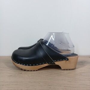 Bjork Clogs Women 7.5-8 Black Leather Strap Wooden Platform Comfort Casual